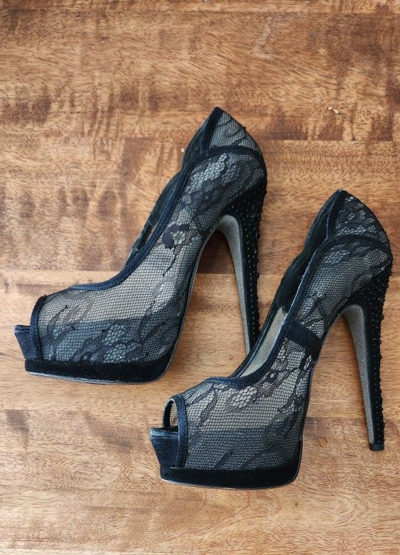 Black Lace Platform Jeweled Heels