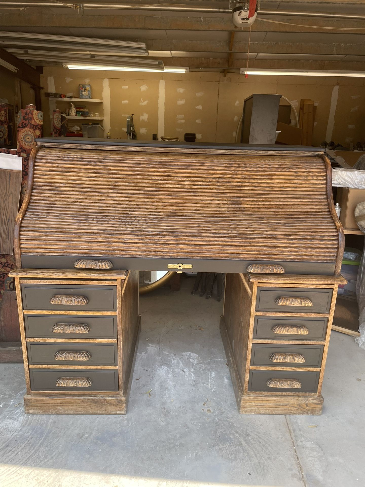 Vintage Beautiful American 60" Oak Crest S Curved Golden Oak Roll Top Desk