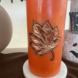 Fall Leaf Orange Pillar Candle $5