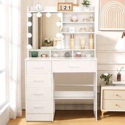 Vanity Desk with Mirror and Lights, Makeup Dressing Table Set with Drawers, White Lighted Dressing Table for Bedroom, Dressing Table for Teens and Wom