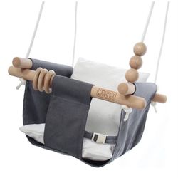 Monkey & Mouse Baby Swing - Charcoal Indoor Outdoor Portable Hanging Chair for Infant & Toddler Kids Up to 4 Years - Cotton Canvas & Beech Wood Frame 