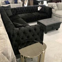 Black Tufted So Chic L Shaped Large Velvet Couch Sectional🤩 Brand New‼️
