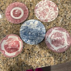 Mismatched Blue And Red Dessert Plates - Made In England 