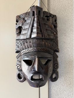 Hand-Carved Mexican/Aztec Wall Art Mask with Pyramid Crown