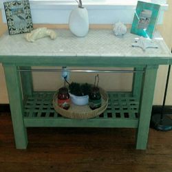Wood island Tile top bottom shelf with chrome hanging bars