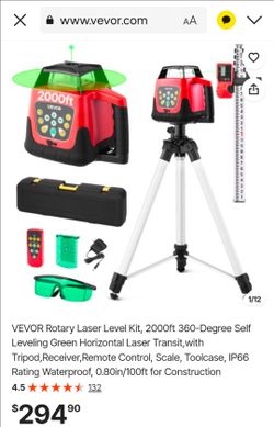 VEVOR Rotary Laser Level Kit, 2000ft 360-Degree Self Leveling Green Horizontal Laser Transit,with Tripod,Receiver,Remote Control, Scale, Toolcase, IP6