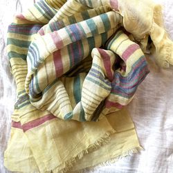 Linen Wide Long Yellow Stripe Shawl Scarf. New Summer Weight Wrap or Drape 50/50 Linen/Rayon