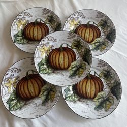 Set of 5 Rare Williams Sonoma Big Pumpkin Salad Plates Thanksgiving 8 1/2”