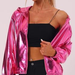 XL HOT PINK Holographic Party Shimmering Shiny Lightweight Zipper Hooded Metallic Jacket