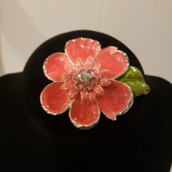 Large Vintage Flower Pink Enameled with Pink Rhinestones  Faceted Brooch Silvertone 2.25" F10 