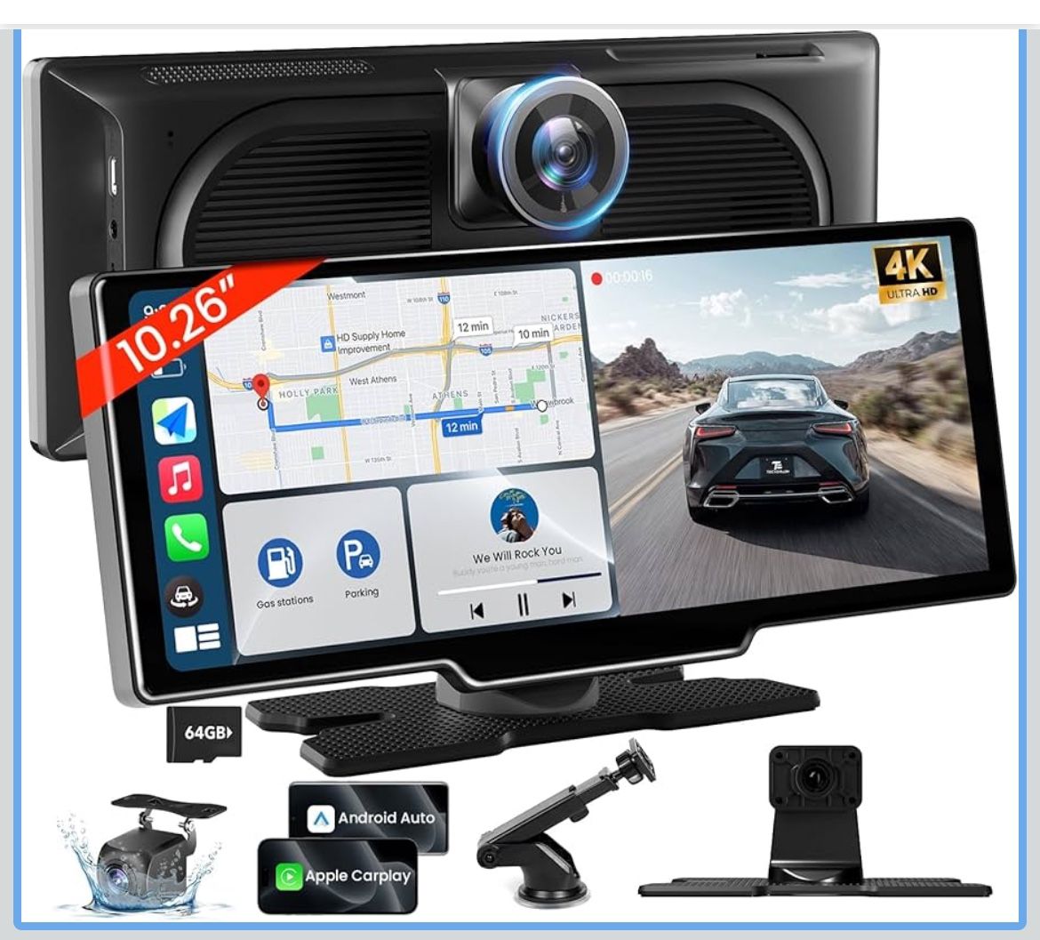 10.26'' Wireless Carplay Screen for Car with 4K Dash Cam & 1080P Backup Camera, Portable Car Audio Receivers with Carplay & Android Auto, GPS Navigati