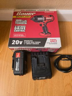 Bauer brushless high torque impact wrench with battery and charger.