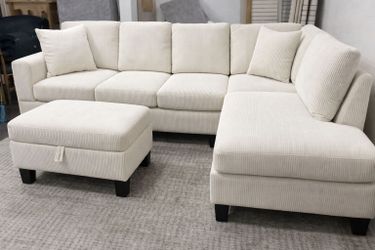 Brand New Ivory Corduroy Sectional Sofa +Storage Ottoman (New In Box)