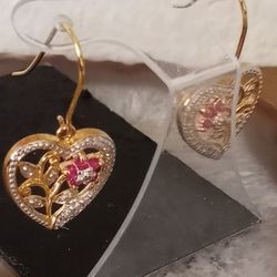 Sterling Silver Vermeil Pink Topaz Diamond Heart Dangle Earrings 