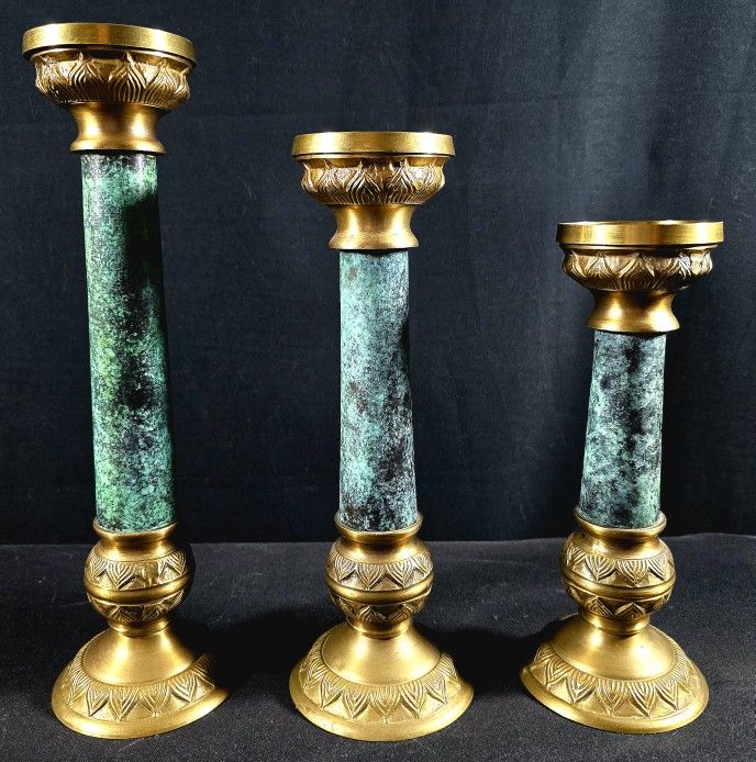 Marble Colored And Brass Candle Holders