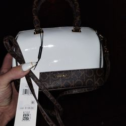 Calvin Klein White Brown And Gold Small Over The Shoulder/Handbag
