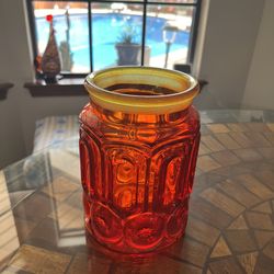 VINTAGE L. E. SMITH AMBERINA MOON AND STARS RED/ORANGE CANISTER JAR NO LID 8”