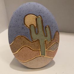 Vintage ceramic southwest saguaro cactus small planter for faux plant or trinket holder. 6 inch tall