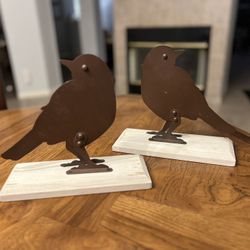 Pair of Peacock Park Design “Rusty” Metal Birds Sculptures on Wood Bases