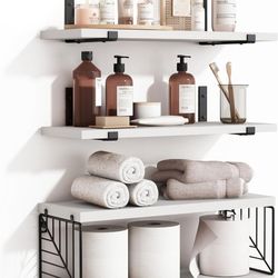 Fixwal – Set of 3+1 Floating Bathroom Shelves (Over-the-Toilet), 15.8-Inch Rustic Farmhouse-Style Wooden Shelves – Wall Decor for Bathroom, Living Roo