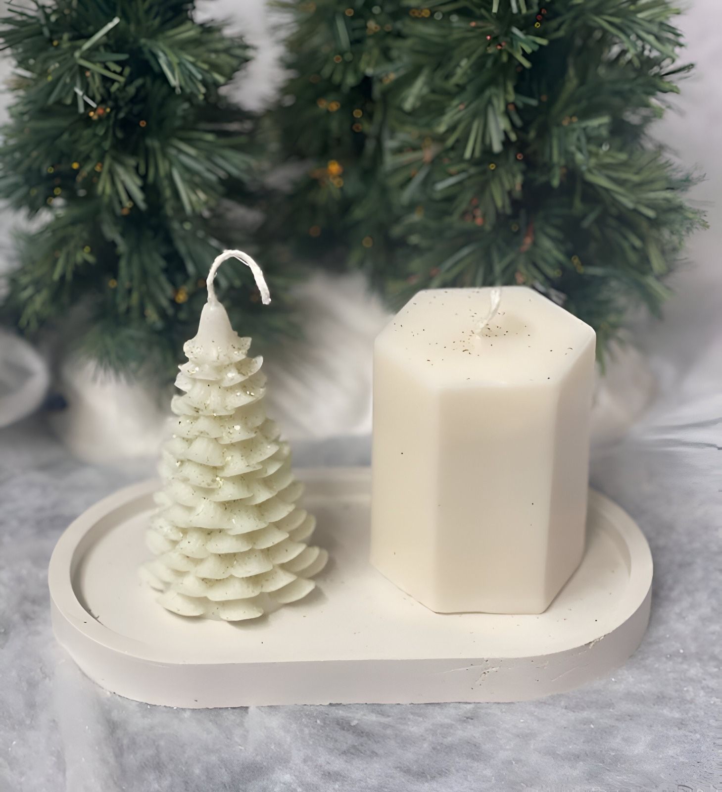 Two White Elegance Candles & Tray Set