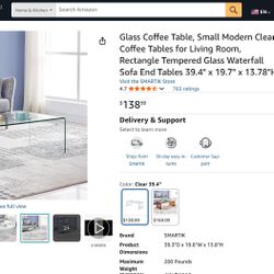 Glass Coffee Table, Small Modern Clear Coffee Tables for Living Room, Rectangle Tempered Glass Waterfall Sofa End Tables 39.4" x 19.7" x 13.78"H