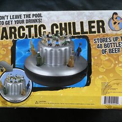 Arctic Chiller pool float Ice Chest. Holds up to 48 bottles. New in package, never used. Packaging has some shelf wear.