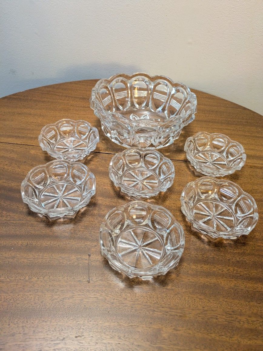 Antique EAPG US Glass Co. Pressed Crystal Cut Glass Berry Serving Bowl & 6 Dishes. Beautiful Condition