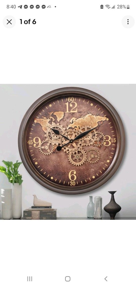 π₯ BRAND NEW 24β Large Wall Clock β Moving Gears, Industrial Style with World Map