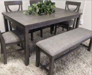 ✅️✅️(6 pc  Grey finish wood dining table set grey padded seat chairs and bench✅️✅️✅️