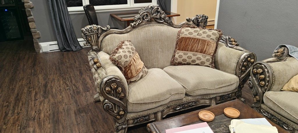 Large Ornate Sofa, Loveseat, and Chair Set