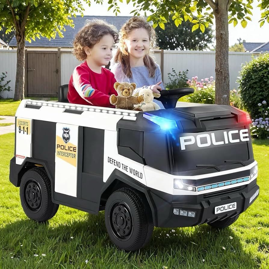 12V Electric Police Car, Ride on Toys for Kids w/Power Wheels, Remote Control, Spring Suspension, Bluetooth, Loudspeaker, Water Gun, Lights, Siren for