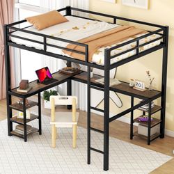 Bellemave Full size Metal Loft Bed with Desk and 6 Storage Shelves, Metal Full Loft Bed with Ladder for Students, Teens, Adults, Space-Saving Loft Bed