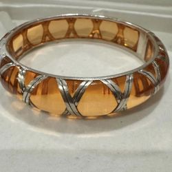 Vintage ANGELIQUE DE PARIS Orange Lucite Sterling Silver Bamboo Hinged Bangle 3” Bracelet 925  In great condition Marked 