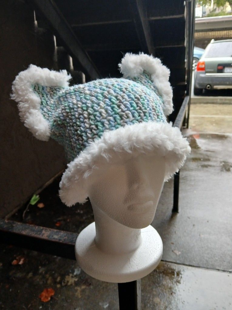 Crochet Blue and White Multicolor Cat Beanie with Fur