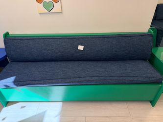 Green Metal Bench with Navy Blue Cushions