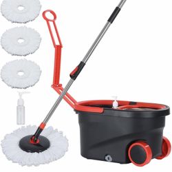 Mop and Bucket Set, 360 Spin Mop and Bucket with Wringer Set on Wheels with 3 Microfiber Mop Refills, Stainless Steel 61” Extended Handle Spinning No