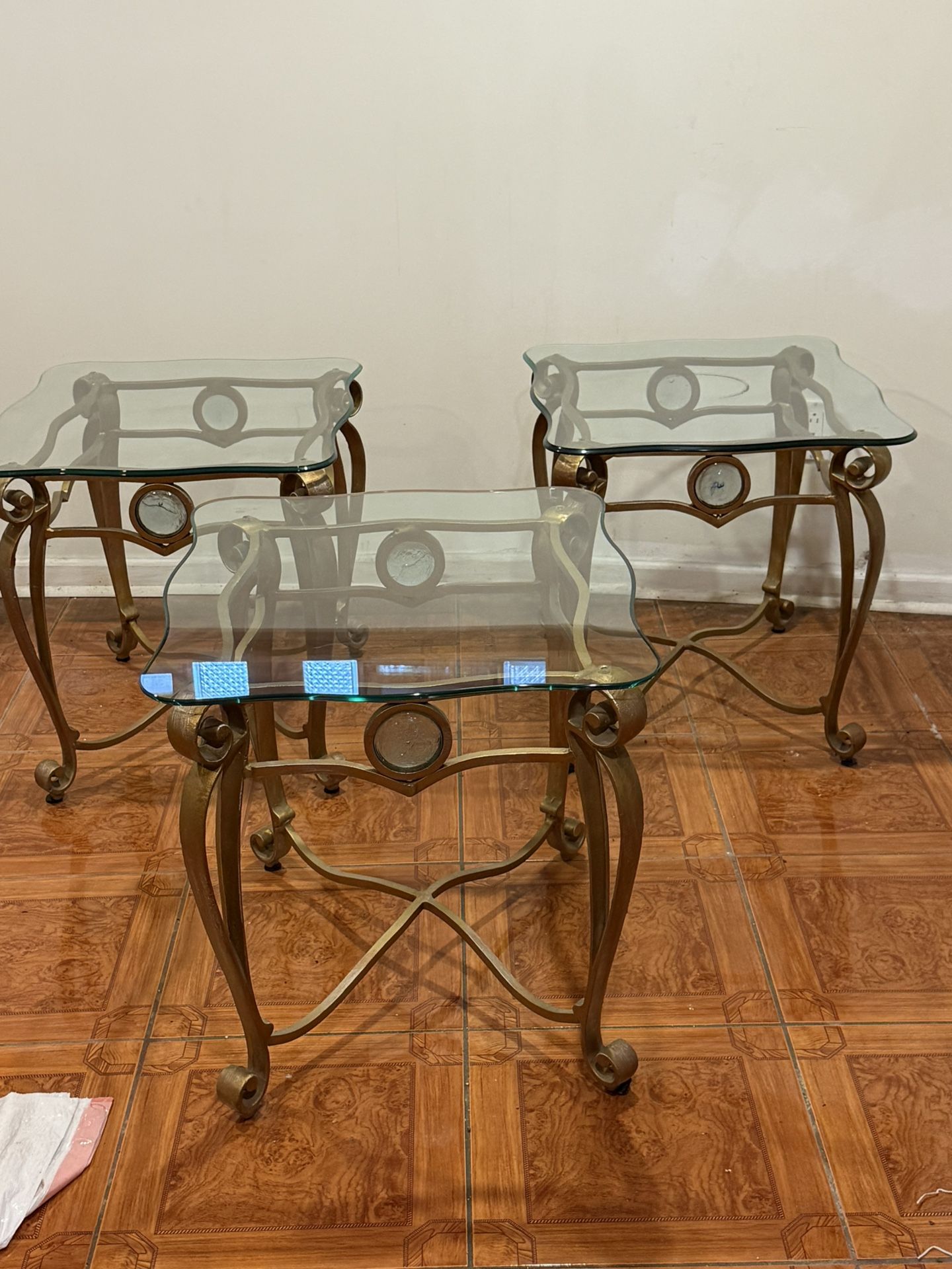 brass coffee tables.
