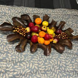 Large Wooden Carved Bowl With Fake Fruits