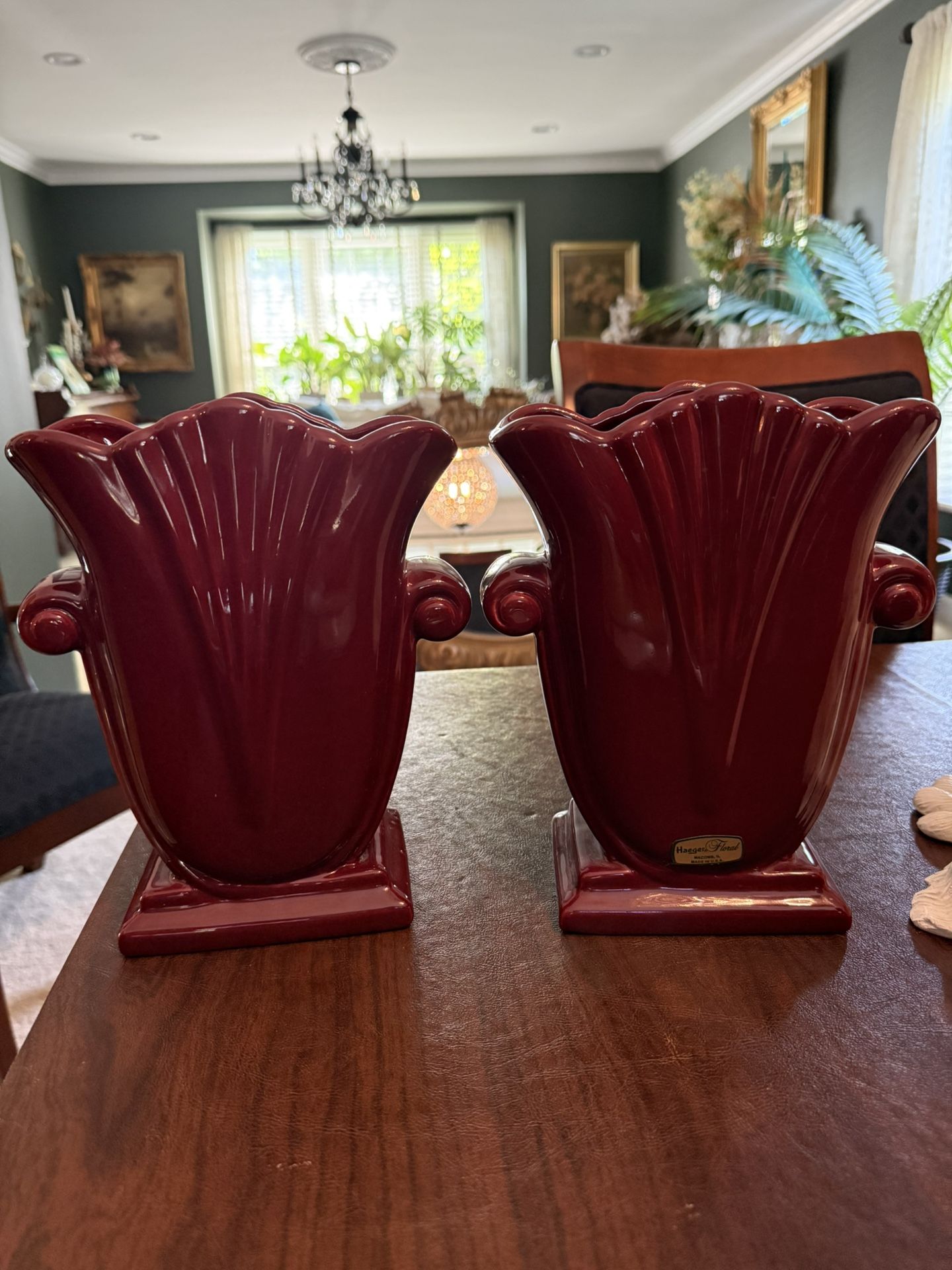 Pair of Hager Pottery Burgundy Mid Century Modern Art Deco Vases