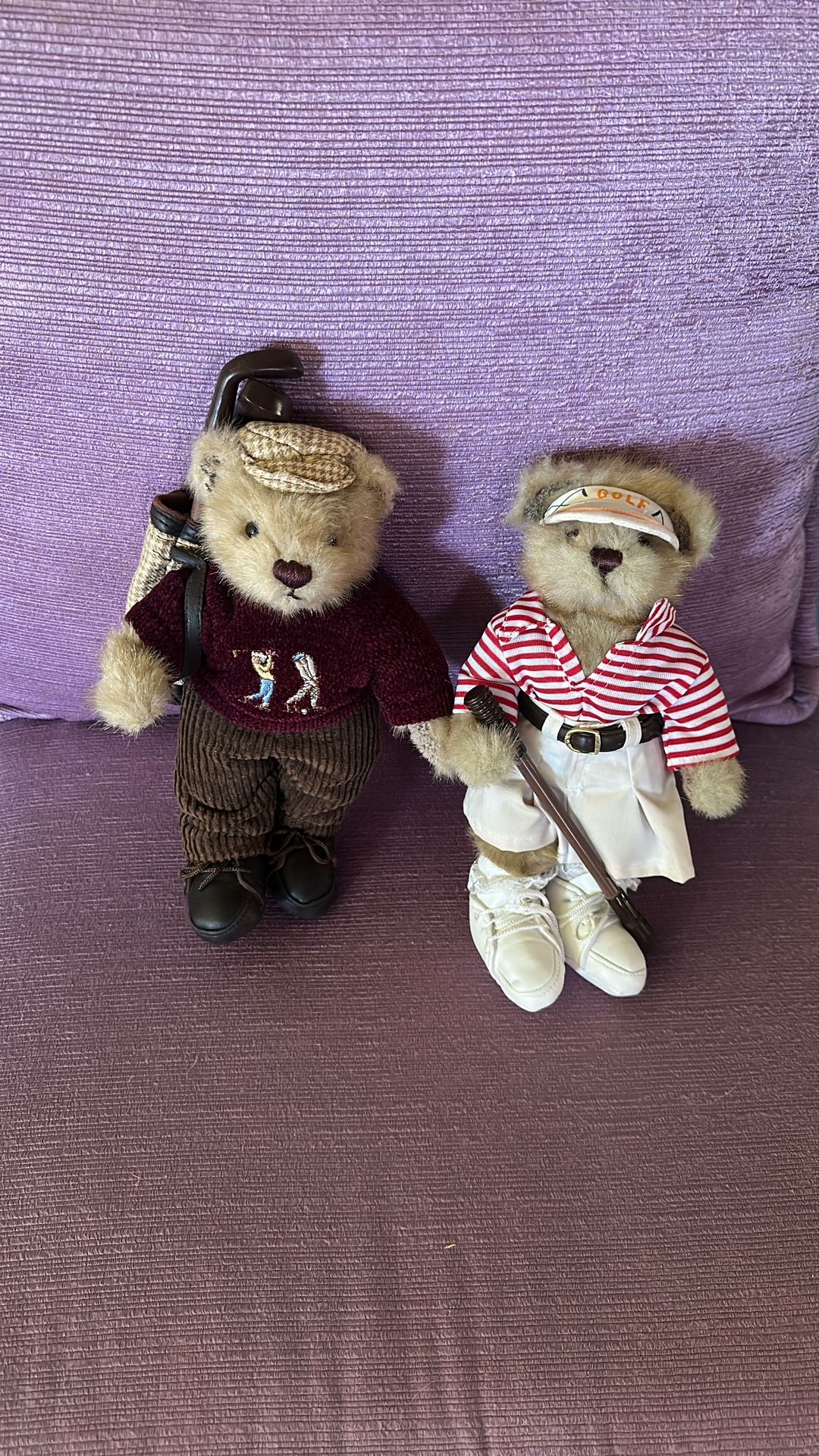 Vintage Teddy Bears Couple. 10 “ Tall . Golf Clubs Sweater Corduroy Pants Hat