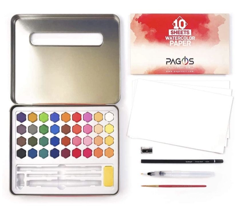 NEW Watercolor Paint Set - Art Kit of 36 Vivid Colors w 10 Sheets Water Color Paper - Refillable Brush Sponge Drawing Pencil, Brush, Gift Set for Adu