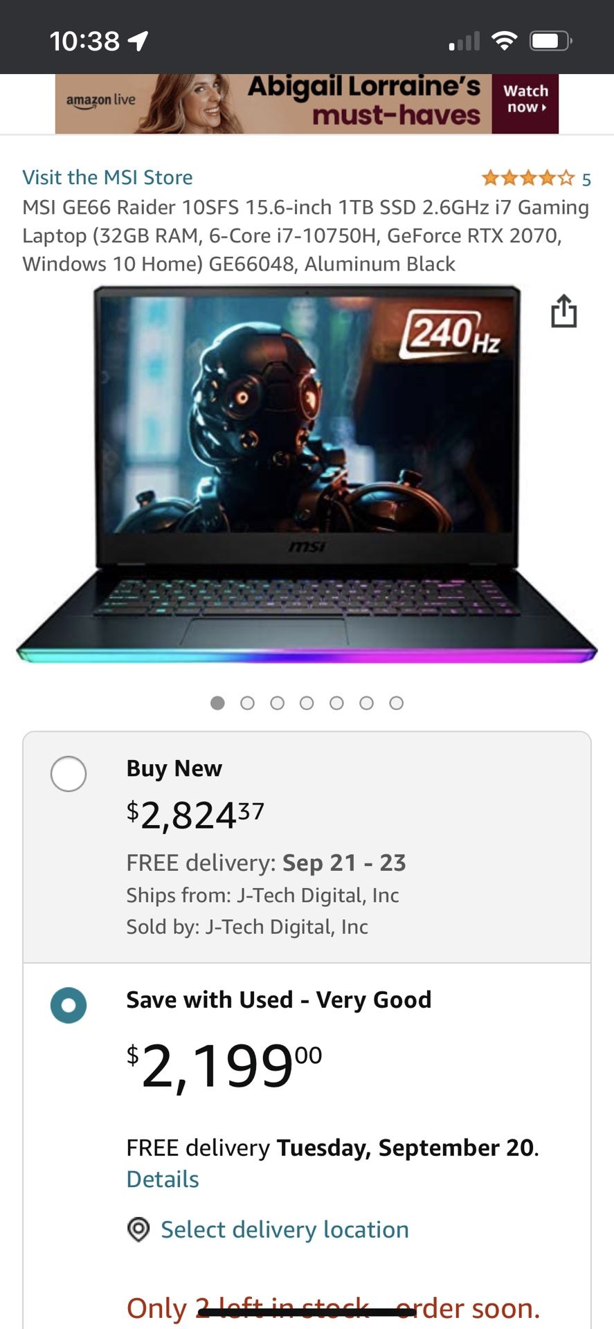 (Gaming Laptop )MSI GE66 Raider 10SFS inch Core i7 10750H 32GB 1000GB  NVIDIA GeForce RTX 2070 SUPER