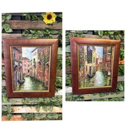 Pair Signed Venice Canal Oil Paintings Framed Munro Gallery Gondola Art