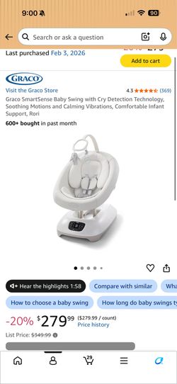 Graco SmartSense Baby Swing with Cry Detection Technology, Soothing Motions and Calming Vibrations, Comfortable Infant Support, Ror