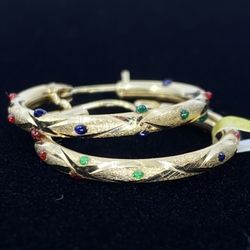 $350 Yellow Gold W Colored Dots Hoop Earrings