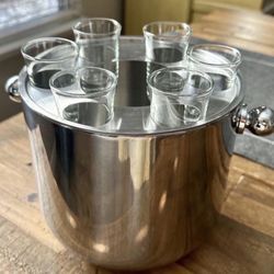 Godinger Stainless Steel Bottle Chiller Bucket W/ 6 Shot Glasses