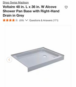 Swiss Madison Voltaire 48x36 Alcove Shower Pan Base Grey