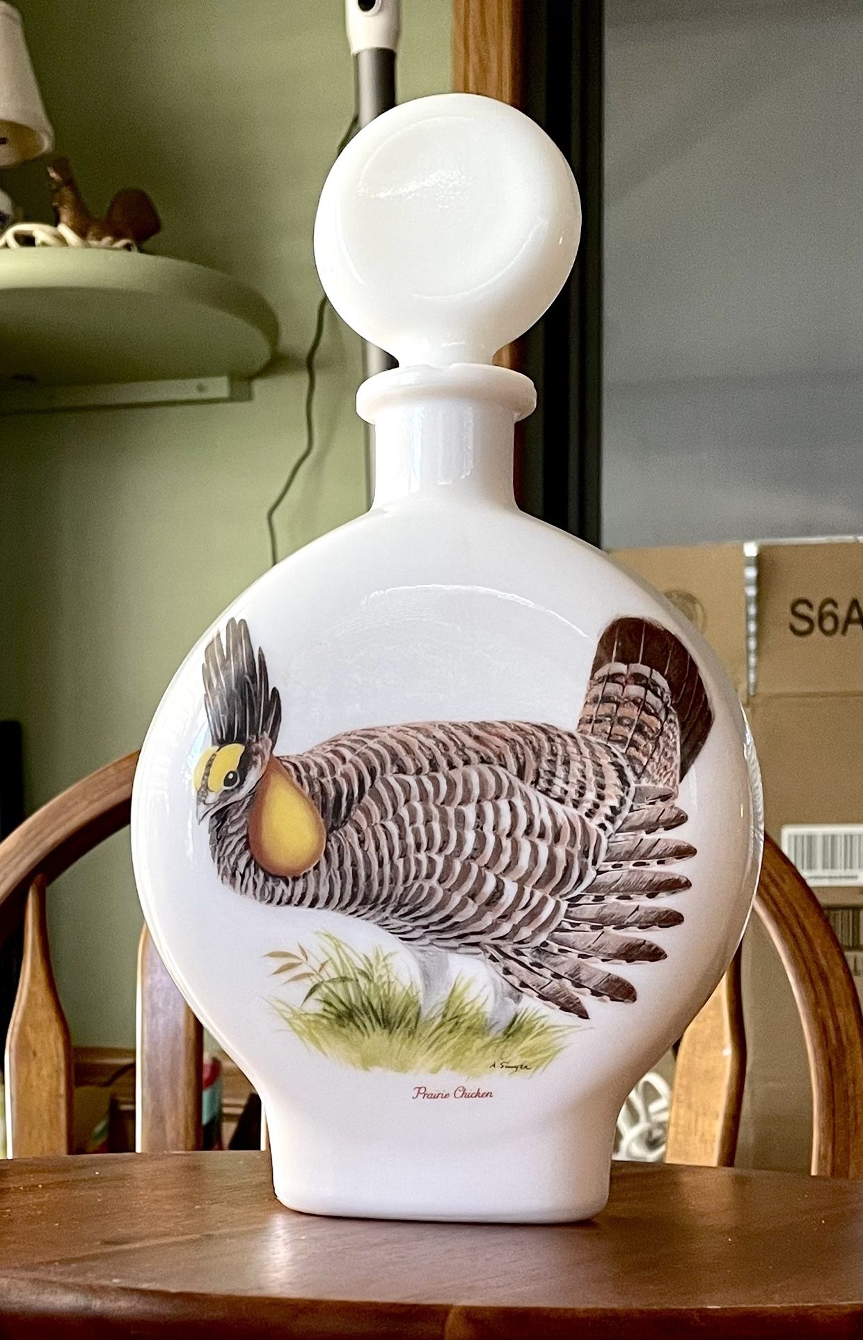 *VINTAGE* Field Birds- #3 Prairie Chicken Whiskey Decanter-J. W. Dant-Milk Glass