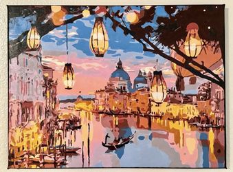 Venice Vibes Sunset Beach Handmade Canvas Painting Wall Decor (16 x 12 in)